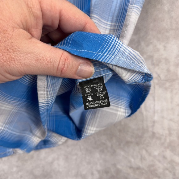 Dixxon Rincon Bamboo Blend Short Sleeve Plaid Snap Button Shirt Large Blue White - Picture 4 of 11